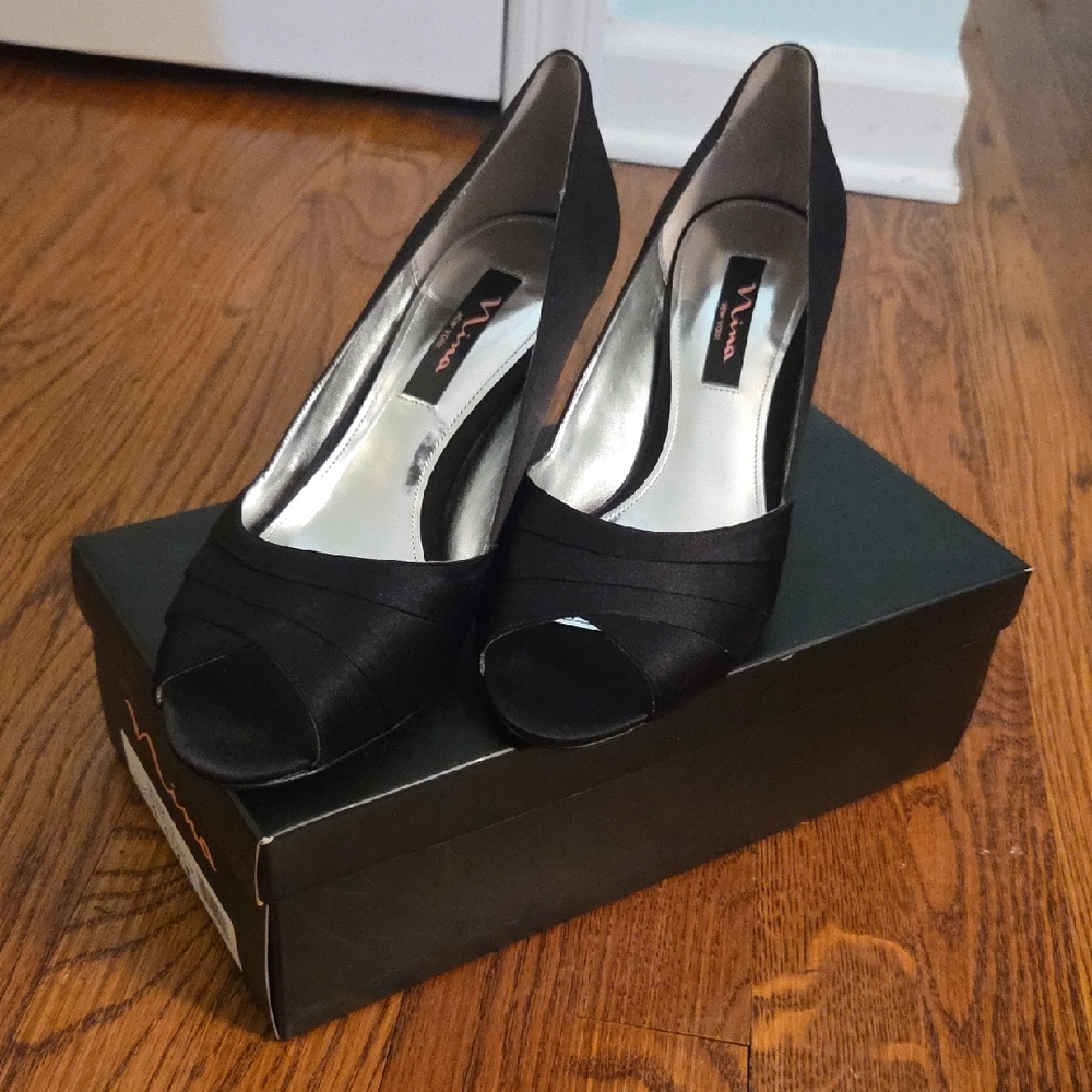 Nina Black Satin Peep Toe Heels